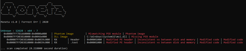 Moneta - Payload written at the beginning of the DLL and DLL not added to PEB