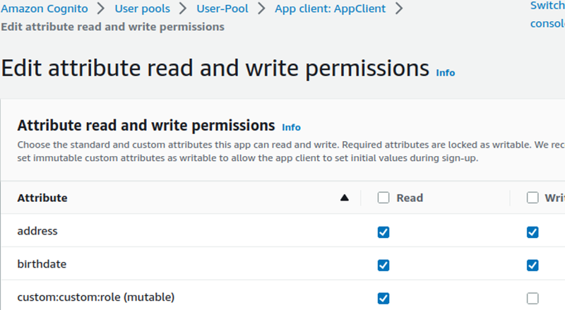 Editing AWS Cognito Attribute permissions