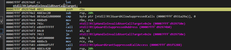 WinDBG ntdll!RtlpHandleInvalidUserCallTarget