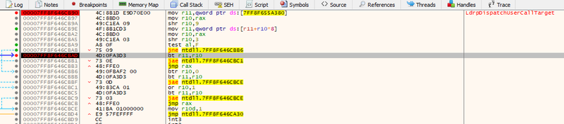 ntdll!LdrpDispatchUserCallTarget disassembled in x64dbg