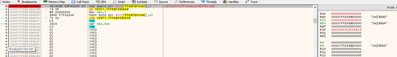 x64dbg ntdll.dll!LdrControlFlowGuardEnforced called